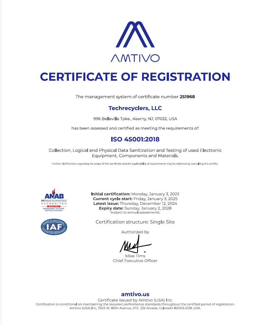 ISO 45001:2018 certificate of registration for TechRecyclers, LLC, issued by Amtivo