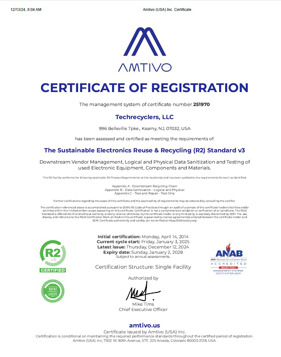 R2v3 certificate of registration for TechRecyclers, LLC, issued by Amtivo