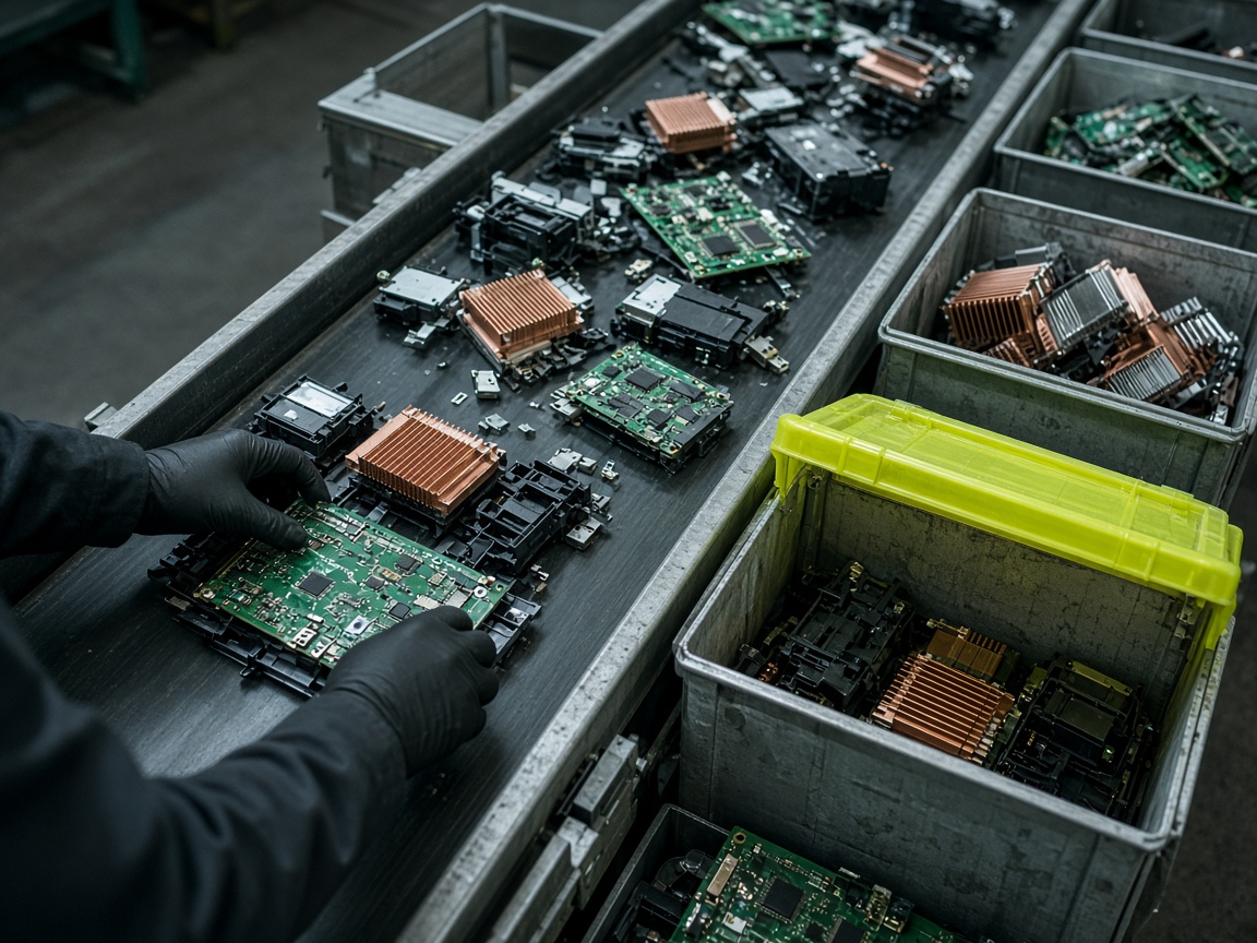 Circuit boards and sorted e-waste on a recycling line