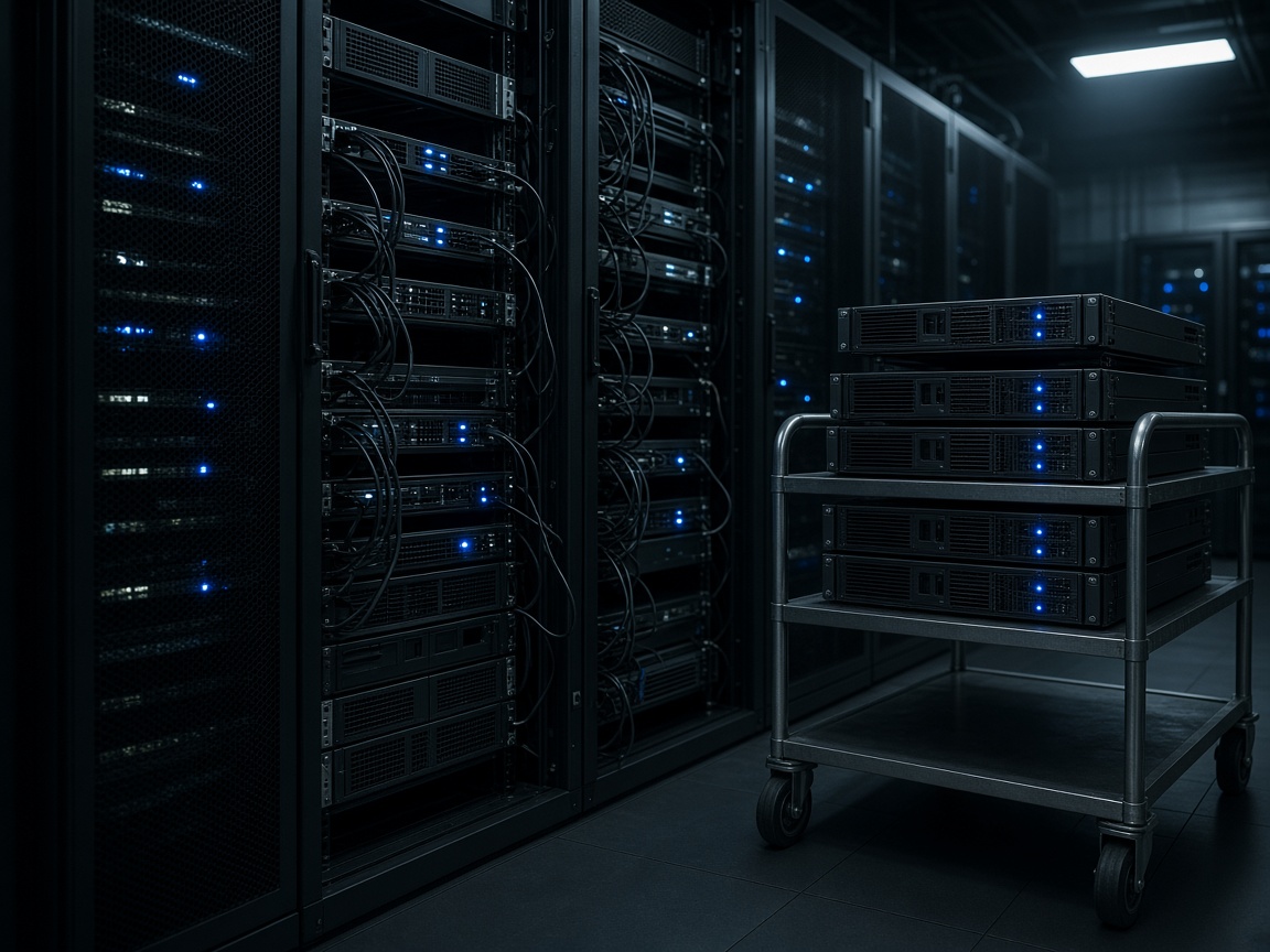 Server racks being emptied during a data center decommission