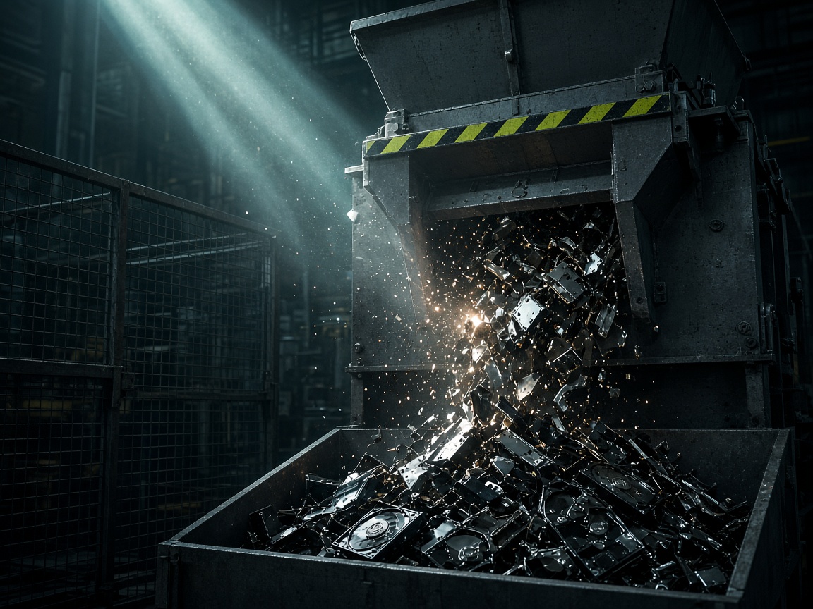 Industrial hard-drive shredder with opened drives and shredded media