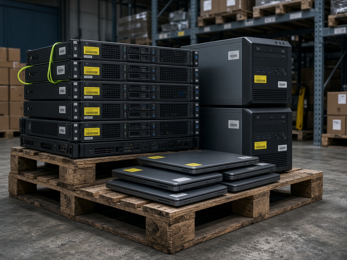 Palletized servers, laptops, and tagged IT assets on a warehouse floor